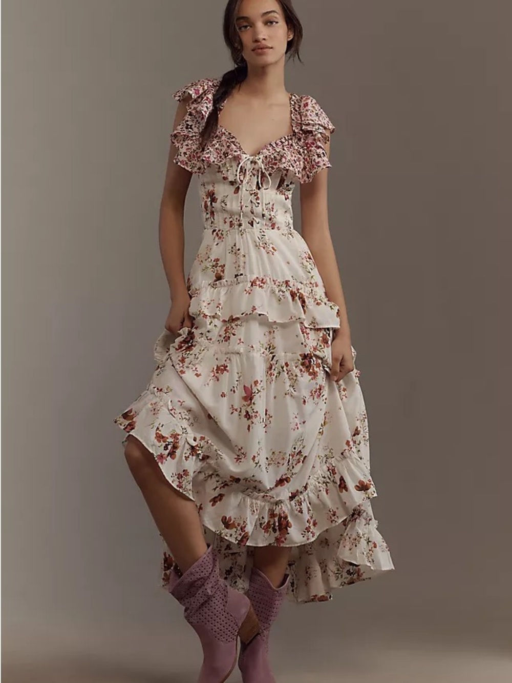 Mauve Anthropologie Tiered Floral Ruffle Midi Dress - White with Pink Floral